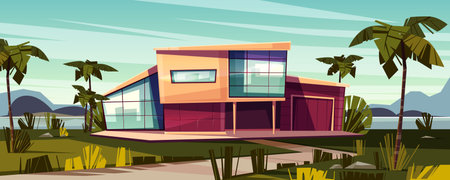 Luxury villa on tropical beach cartoon vector illustration. High-class house exterior with glass facade, garage and palms on lawn. Prestige real estate property, expensive dwelling in exotic countryのイラスト素材