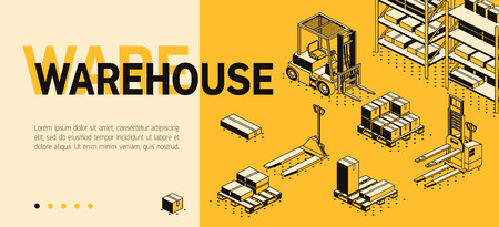 Vector 3d isometric site template with warehouse, forklift and boxes. Landing page in thin line style, internet portal for transport logistics. Yellow background with goods and storage.のイラスト素材