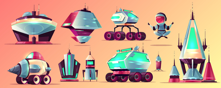 Set of space exploration rockets and vehicles, science fiction alien buildings cartoon vector icons. Futuristic spaceships, astronaut flying in weightlessness and mars rovers illustrations collectionのイラスト素材