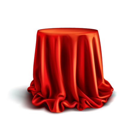Vector realistic box covered with red silk cloth isolated on white background. Empty stand or table with tablecloth to show magic tricks. Secret gift, hidden under satin fabric with drapery and foldsのイラスト素材
