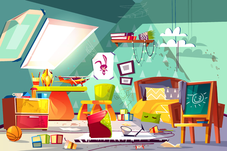 Childrens room on attic interior with terrible mess, stained floor, scattered toys, drawings on walls and furniture cartoon vector illustration. Messy boy bedroom, hyperactive or lazy kid conceptのイラスト素材