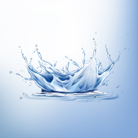 Splash on water surface 3d realistic vector. Blue liquid crown, frozen motion with droplets and waves. Pure drink freshwater source, ecology concept. Natural product presentation design elementのイラスト素材