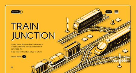 Railway transport company isometric vector web banner or landing page template with freight diesel and electric passenger locomotives, cargo wagons and tank car on train junction line art illustrationのイラスト素材