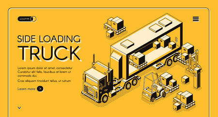 Cargo delivery or industrial transport company isometric vector web banner or landing page template with forklift carrying and loading commercial freights to side loading lorry truck illustration.のイラスト素材