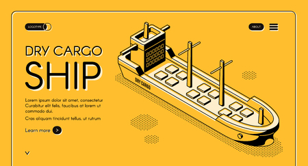 Dry cargo ship isometric vector web banner with bulk carrier line art illustration. Freight maritime transport, merchant vessel for goods delivery. International trade company landing page templateのイラスト素材