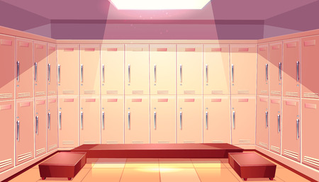 Gym or sport club locker room interior cartoon vector with two rows of closed personal lockers and comfortable seats illustration. School or kindergarten dressing room. Station luggage storageのイラスト素材