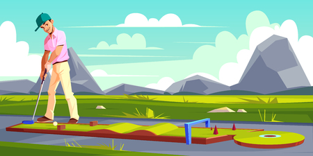 Vector background with man playing golf on green grass. Athlete in pink t-shirt, white trousers trains on a field. Outdoor sport, hobby or recreational activity. Sky and mountains on backgrounds.のイラスト素材