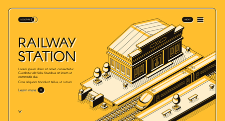 Railroad transport isometric vector web banner with modern high-speed express train stopping on old railway station to pick up passengers line art illustration. Public transport company landing pageのイラスト素材