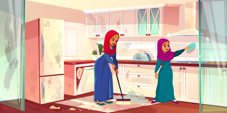 Vector cartoon illustration with two Arabian ladies clean kitchen. Dirty place with spots, cleaning by housemaids, servants. Slaves wash house, mopping in cookroom. Mother and daughter as housekeepersのイラスト素材