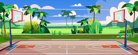 Vector cartoon background of basketball court on street. Green grass, field with outdoor sport arena. Playground for competition, championship. Day backdrop with tropic palms and blue sky.のイラスト素材