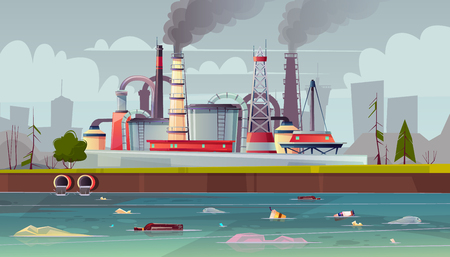 Vector background with environmental pollution. Factory plant smokes with smog, trash emission from pipes to river water. Grey sky and polluted grass. Ecology, nature concept with dirty pond, grey skyのイラスト素材
