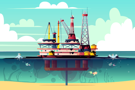 Vector cartoon illustration of oil rig in ocean, sea. Offshore derrick with pollution - environmental problem, contamination, ecological catastrophy. Energy concept, industrial.のイラスト素材