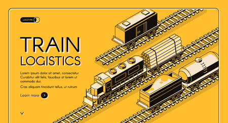 Railroad industrial transport company isometric vector web banner, landing page. Locomotive transporting platform with wood logs or pipes, freight wagons and tank car on rails line art illustrationのイラスト素材
