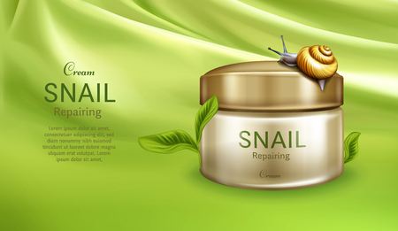 Skincare repairing cream realistic vector cosmetic banner, poster with snail climbing on face cream, mask jar on background of delicate silk fabric with creases Innovative natural cosmetics product adのイラスト素材