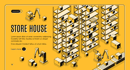 Factory or shop automated storehouse, delivery service sorting, logistics center isometric vector web banner, landing page. Robotic hands taking boxes from conveyor, loading goods on rack illustrationのイラスト素材