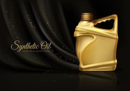 Luxury synthetic engine oil or car lubricant 3d vector advertising banner or poster with blank golden canister or bottle on black silk fabric with creases background. Auto industry product mockupのイラスト素材