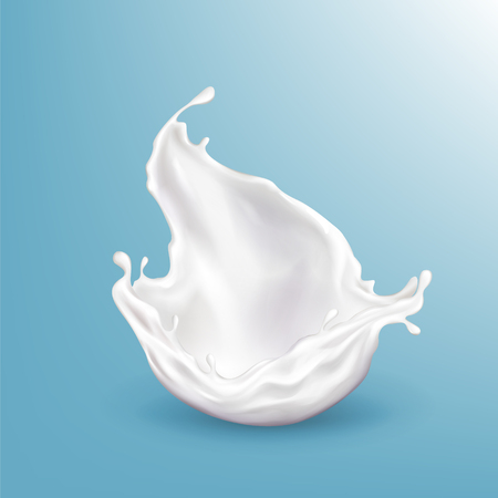 Vector 3d realistic milk splashing, bright beverage isolated on blue background. Healthy food, dairy product. Fresh drops of creamy liquid. The object for ad poster, promo banner of yogurt.のイラスト素材