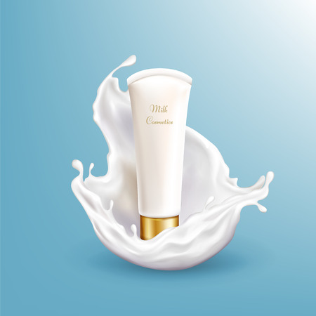 Vector 3d realistic milk cosmetic in white splashing isolated on blue background. Moisturizing liquid, shampoo. Cosmetics in drops of creamy liquid. The object for ad poster, promo banner.のイラスト素材