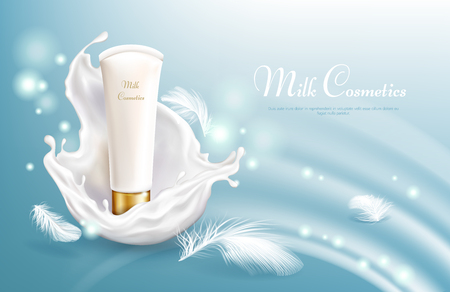 Vector 3d realistic milk cosmetic in white tube, soft and light cosmetics, skincare product like feather. Hygiene concept for ad poster, promo banner. Moisturizer brand isolated on shiny background.のイラスト素材