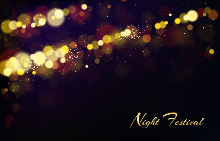 Vector abstract background with shining elements, bright lights for night festival, bokeh effect. Golden stars on dark backdrop, glowing or explosion. Realistic sparkles, glitter or illuminated dust.のイラスト素材