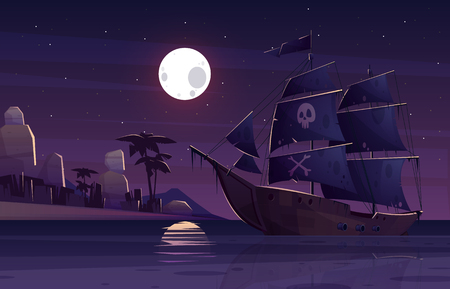 Pirate ship or galleon with human skull and crossed bones on black sails, sailing near tropical seacoast at night cartoon vector illustration. Treasures hiding and hunting, copyright law break conceptのイラスト素材