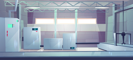 Industrial factory or plant production hall empty interior cartoon vector. Manufacturing facility, heating boilers, refrigerators with temperature indicators, conveyor belt and crane hook illustrationのイラスト素材