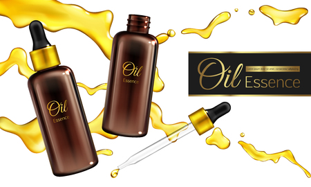 Natural cosmetics product 3d realistic vector advertising banner, promo poster template with essence or aromatic oil glass bottle with dropper in lid and oil drops illustrations on white backgroundのイラスト素材