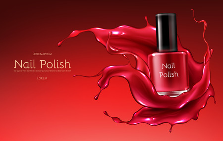Red nail polish 3d realistic vector advertising banner with glass bottle in glossy, liquid varnish enamel splash frozen motion illustration. Womens cosmetics and make up product promotional mockupのイラスト素材