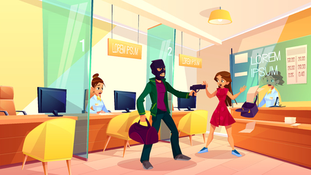 Bank robbery cartoon vector concept. Male robber in face mask with bag in hand, armed pistol, threatening bank employees, scaring female client, demanding money illustration. Crime in public placeのイラスト素材