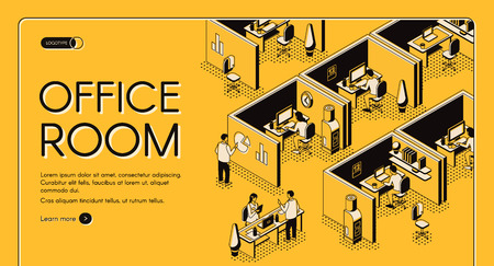 Modern coworking center with individual workplaces isometric projection vector web banner. Company employees working in office cabins line art illustration. Business enterprise landing page templateのイラスト素材