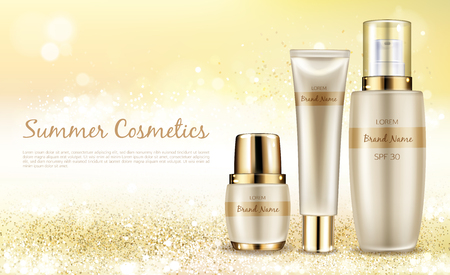 Vector realistic cosmetic background, promo banner for summer spf cosmetics. Series sunscreen products in elegant package on shining background with golden sparkles, mock up for glossy magazineのイラスト素材