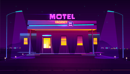 Round the clock, roadside motel with car parking, glowing at night with bright neon illumination cartoon vector illustration. Comfortable accommodation for traveling people. Car tourism backgroundのイラスト素材
