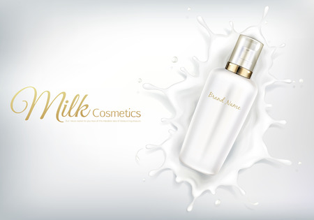 Vector cosmetic banner with realistic bottle for skin care cream or body lotion. Beauty product, natural or organic cosmetics for face falling into creamy or milk splash crown on white backgroundのイラスト素材