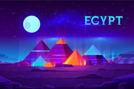Giza plateau nigh landscape with egyptian pharaohs pyramids complex illuminated with moonlight neon colors cartoon vector background. Ancient historical, famous touristic attractions in african desertのイラスト素材