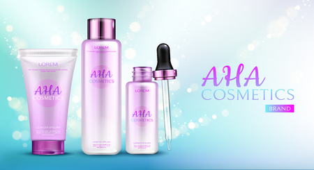 Aha cosmetics line on blue gradient background with sparkles. New cosmetic beauty product for skin care promotion advertising. Tubes packaging promo design. Realistic 3d vector illustration, banner.のイラスト素材