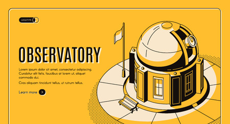Ground-based observatory for astronomical observations isometric vector web banner, landing page template. Science institution building equipped by telescope under sliding dome line art illustrationのイラスト素材