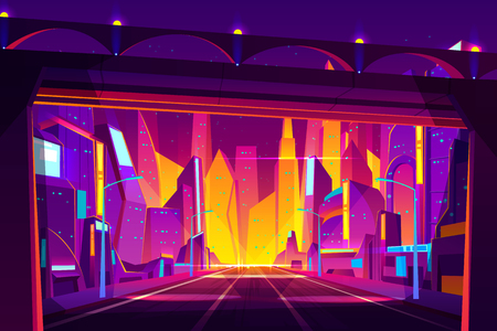 Modern metropolis night street cartoon vector. Futuristic architecture houses, skyscrapers buildings, bridge over city road or highway illustration in bright neon colors. Future city urban backgroundのイラスト素材