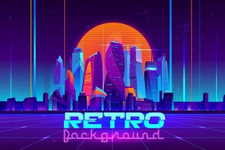 Retro background in neon colors cartoon vector with illuminated future city skyscrapers buildings, digital Utopia metropolis downtown illustration. Cyberpunk, vaporwave music party banner templateのイラスト素材