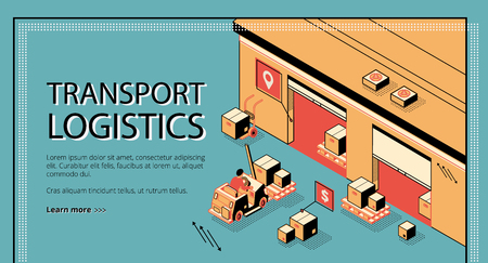 Transport logistics, delivery service isometric vector web banner, landing page. Forklift carrying, transporting goods, parcels on palette trough warehouse, depot hangar gates line art illustrationのイラスト素材