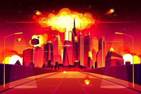 Nuclear explosion in city metropolis. Fiery mushroom cloud of atomic bomb detonation raising under skyscrapers. Burning splinters, destroying town front view from bridge. Cartoon vector illustrationのイラスト素材