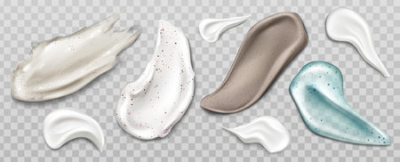 Scrub or cream smears swatch set. Cosmetics beauty skin care product strokes isolated on transparent background, foundation, milk, lotion, gel, drops texture Realistic 3d vector illustration, clip artのイラスト素材