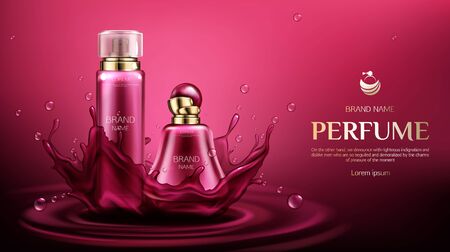 Perfume deodorant bottles on water splash background with drops. Glass pink tubes package design mockup. Female fragrance cosmetics product, ad promo poster Realistic 3d vector illustration, bannerのイラスト素材