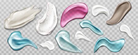 Cream, scrub or gel smears swatch set. Cosmetics beauty skin care product strokes isolated on transparent background, foundation, milk, lotion, drops texture Realistic 3d vector illustration, clip artのイラスト素材