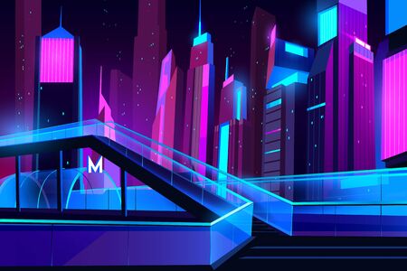 Metro entrance in night city with neon illumination, glass pedestrian overhead road. Futuristic cityscape view background. Modern town buildings exterior architecture. Cartoon vector illustrationのイラスト素材