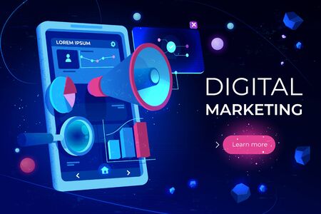 Digital marketing landing page, smartphone screen with megaphone or loudspeaker, data analysis charts and magnifying glass on futuristic neon glowing background. Cartoon vector illustration, bannerのイラスト素材