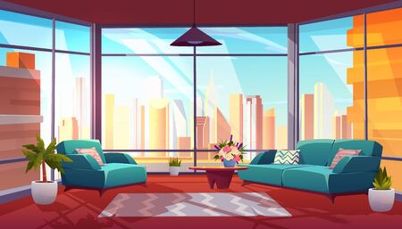 Living room with panoramic window interior, cozy spacious apartment with couch, armchair, coffee table and floor-to celling glass wall with cityview, modern luxurious loft. Cartoon vector illustrationのイラスト素材