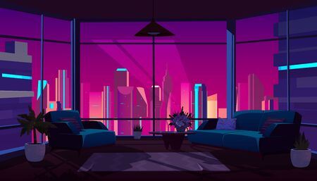Living room interior with panoramic window at night time, dark apartment with extinguished light, furniture and floor-to ceiling glass wall with futuristic neon city view, Cartoon vector illustrationのイラスト素材