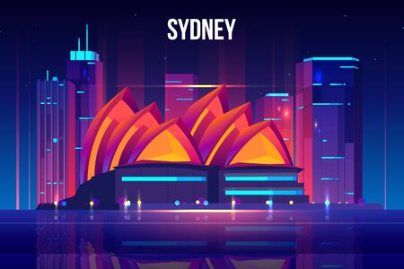 Sydney city skyline, seafront cartoon vector background with modern architecture skyscrapers buildings, touristic attractions illuminating with neon lights, reflecting in bay calm water illustrationのイラスト素材