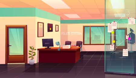 Evidence board in police station interior with glass door, table, computer, paper piles and mannequin with policeman uniform, crime investigation department empty room. Cartoon vector illustrationのイラスト素材