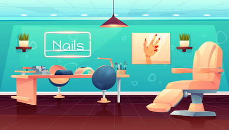 Salon for manicure, pedicure nails care beauty procedures, empty studio interior with furniture and appliances, table, transforming armchair, lamp and nail polishes palette Cartoon vector illustrationのイラスト素材
